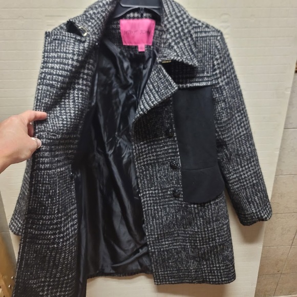 Betsey Johnson Size 12 wool Double breasted coat black Cream Tweed Jacket Pocket - Picture 4 of 11
